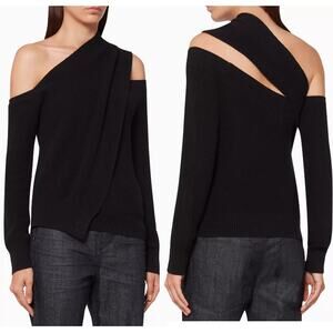 RTA Juliet Off-the-Shoulder Asymmetrical Ribbed Knit Sweater Black Women's XS